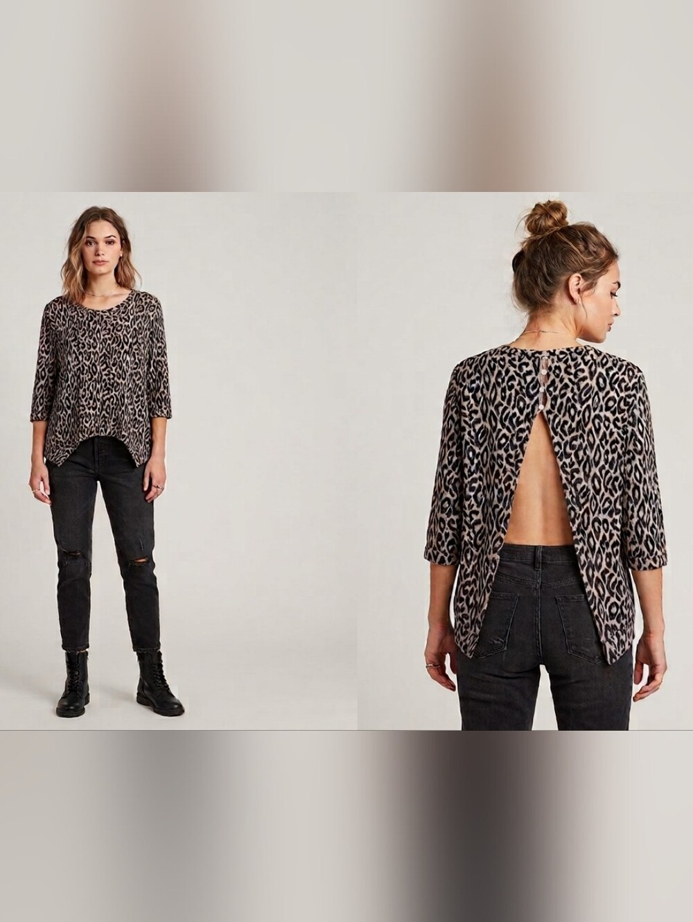 Flocked Leopard Print Split Back Knit Top M/L Boho Streetwear Grunge Festival